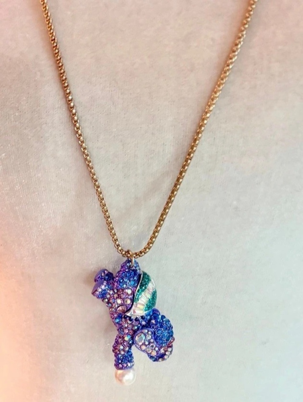 Betsey Johnson Whimsical Periwinkle Pave Crystal Elephant Long Pendant Necklace